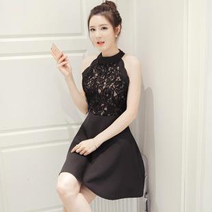夜店名媛修身性感抹胸挂脖晚礼服露肩蕾丝拼接连衣裙一件代发