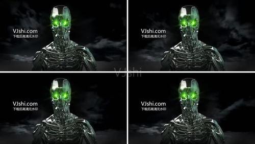 机械电子科幻恐怖战斗电影人动画眼睛绿色眼睛发光眼镜乌云背景