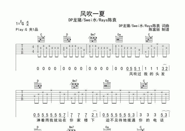dp龙猪&swei水&rays陈袁-风吹一夏吉他谱六线谱c调