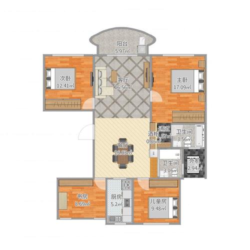 阳光悦湖公馆3室0厅2卫1厨136.00㎡户型图