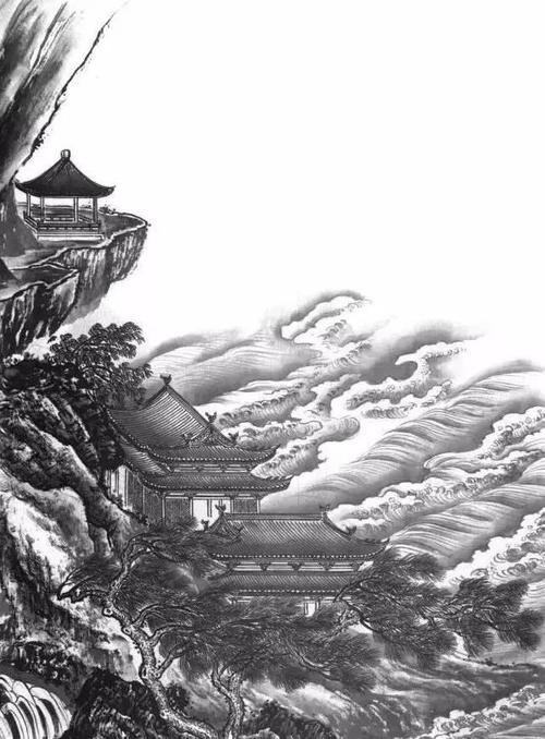 工笔线描山水画-楼阁