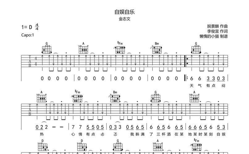 金志文《自娱自乐》吉他谱_d调吉他弹唱谱