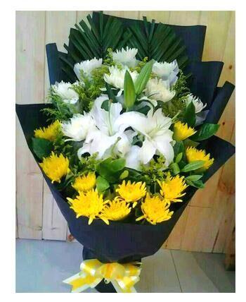 清明节同城送花黄白菊花19朵百合2枝花束上坟扫墓祭祀追悼拜山花