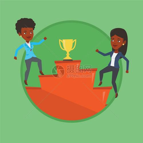 两名相互竞争获取奖杯的非洲女商人卡通矢量插画