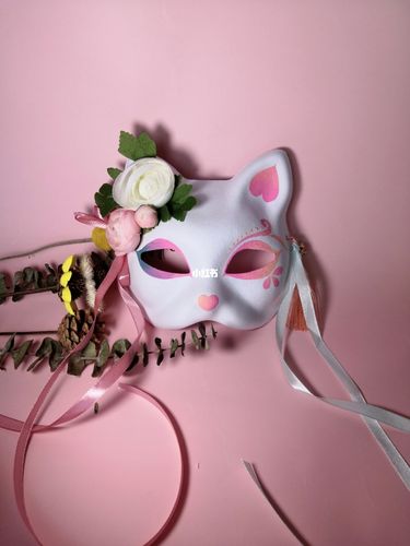 半脸猫狐狸手绘面具抖音同款立体绢花汉服万圣舞会男女儿童