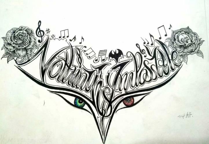 纹身图案手稿设计,英文花胸_纹身_设计_纹身也清新_美