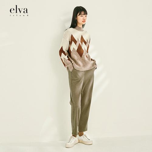 elvaisland减龄文艺气质宽松圆领长袖毛衣女冬百搭针织衫2021新