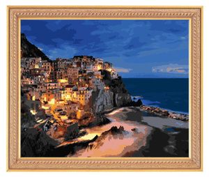 手绘diy数字油画欧洲景点餐厅玄关壁画马纳罗拉之夜 自己画的油画