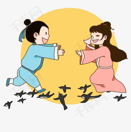 七月初七七夕手绘卡通可爱牛郎织女鹊桥相会元素下载