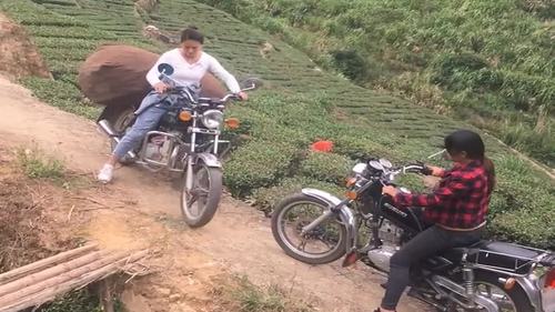农村小媳妇骑摩托车走独木桥,这技术简直没谁了,不输
