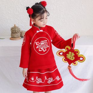 拜年服 新年童装 儿童唐装羊绒印花夹棉呢子汉服套装18中国风礼服