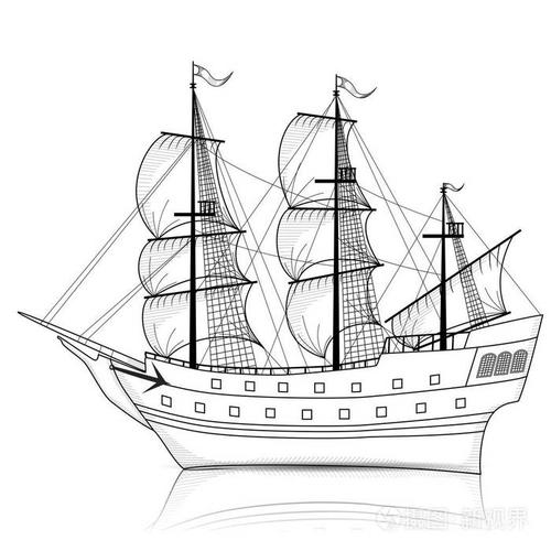 老式船与帆和反射