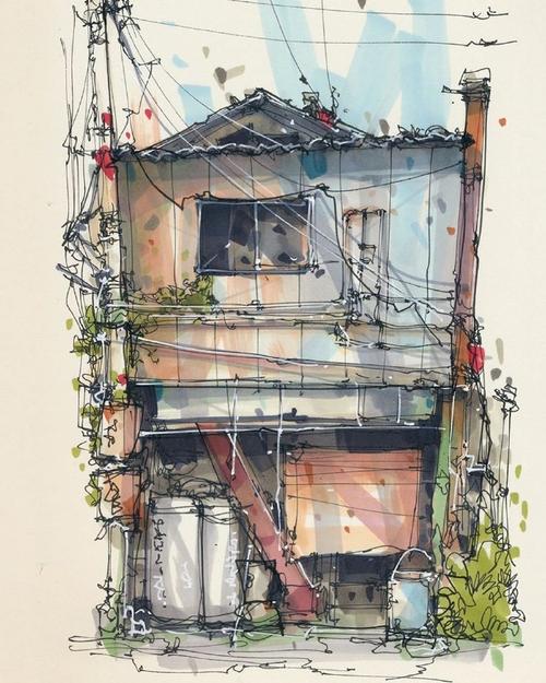 albertkiefer马克笔建筑风景插画