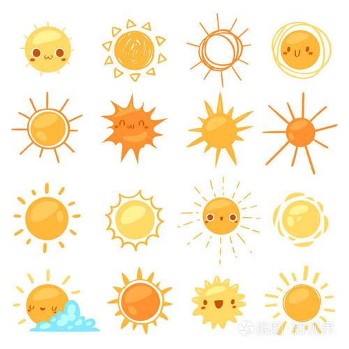 太阳矢量阳光图标与黄色的阳光和阳光的表情插图一组明亮的旭日天气