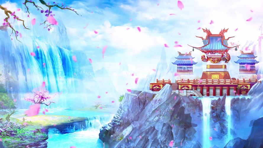 唯美宫殿桃花瀑布中国风仙境背景