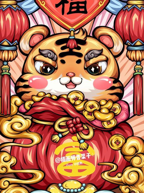 手绘虎年可爱国潮风|国潮年画|ipad绘制_国潮_插画_ipad_年画_手绘