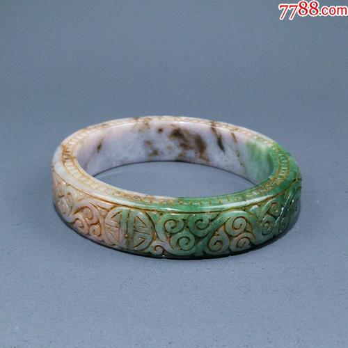 老天然翡翠飘绿浮雕如意纹手镯古玉玉器_价格588.