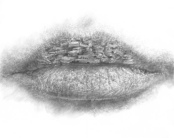 嘴唇上的世界---超现实主义的铅笔画