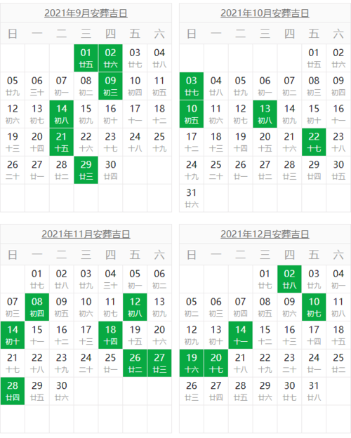 2021年宜安葬的黄道吉日一览表