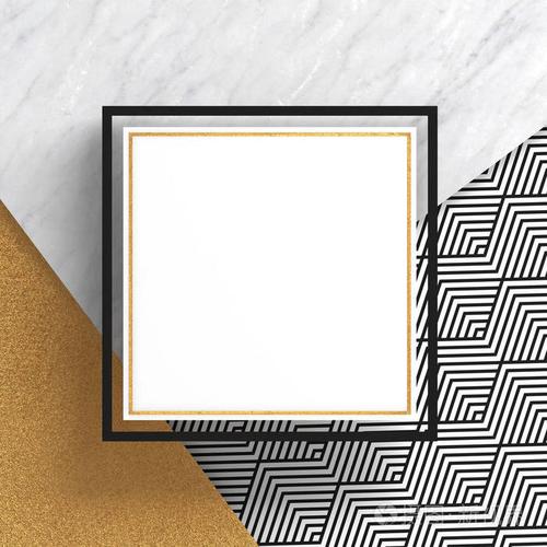 白色大理石和金色表面上的方形边框,白色背景上有锯齿