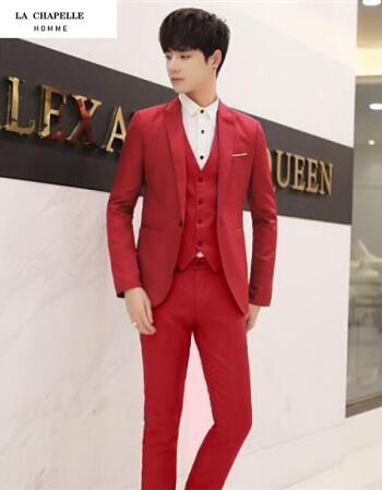 网红同款西服男快手红人修身青少年夏季西装男帅气修身型潮酒红色l