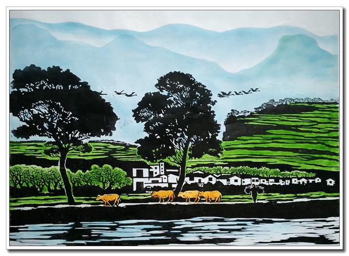 木刻版画美丽乡村李旭宏