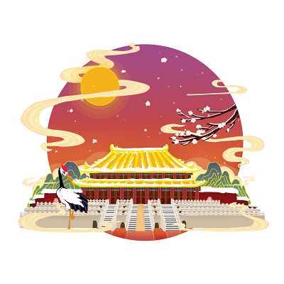 祥云环绕金色故宫仙鹤站立宫廷插画城市记忆png素材