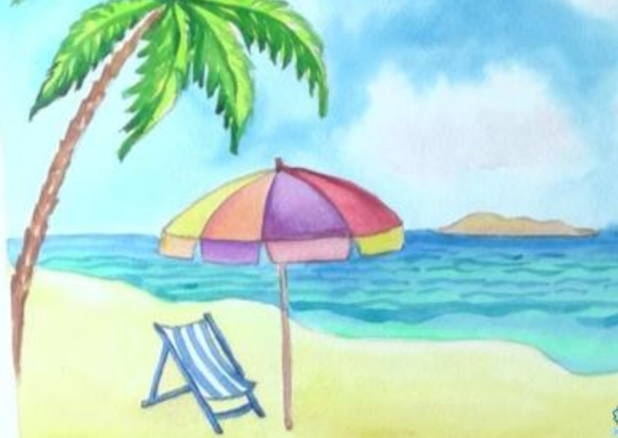 夏天的沙滩画简单又漂亮