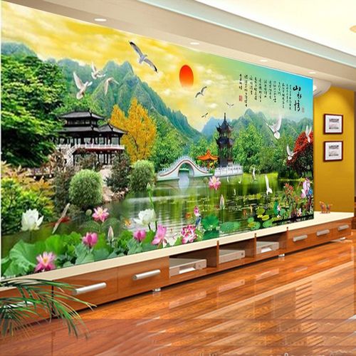 3d花鸟山水风景壁画卧室沙发办公室墙纸中式山水情客厅背景墙壁q
