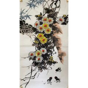 国画菊花作品水墨画纯手绘菊花小鸡写意画梅兰竹菊无款画儿童房