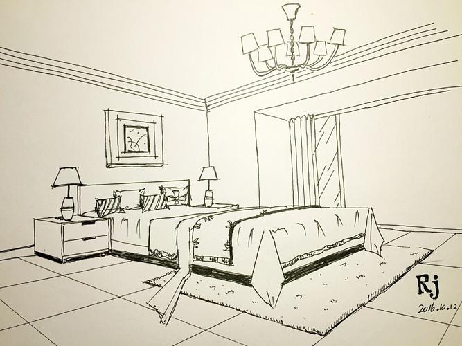 卧室场景 钢笔画
