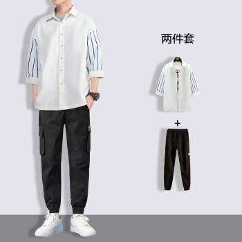 高中生大学生男生穿的短袖衬衫男休闲条纹衬衣年潮流一套穿搭配衣服潮