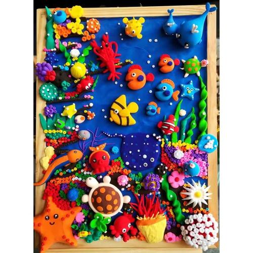 楠楠玩具超轻粘土彩泥成品场景画海底世界粘土浮雕画纯手工幼儿园带框