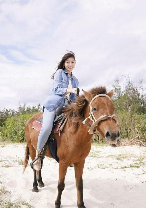海边骑小矮马的美女,穿紧身牛仔裤,看起来清新靓丽很迷人