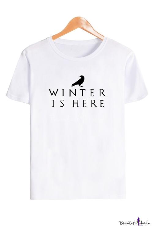 fashion winter is here letter printed short sleeve round neck