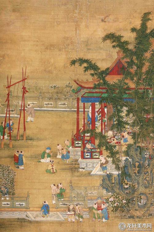 仇英《庭院婴戏图》_描绘古代孩童嬉戏玩闹的工笔重彩 a href="http
