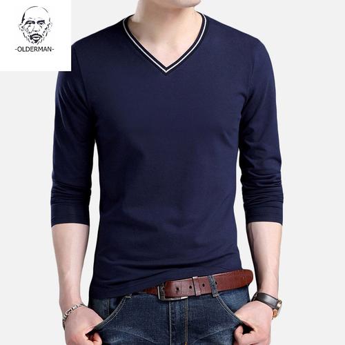 老人头男士长袖t恤2020秋季新款v领修身纯色鸡心领丝光棉大码打底衫潮