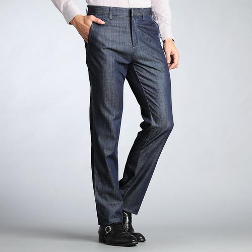 藏青色斜插袋都市休闲牛仔裤