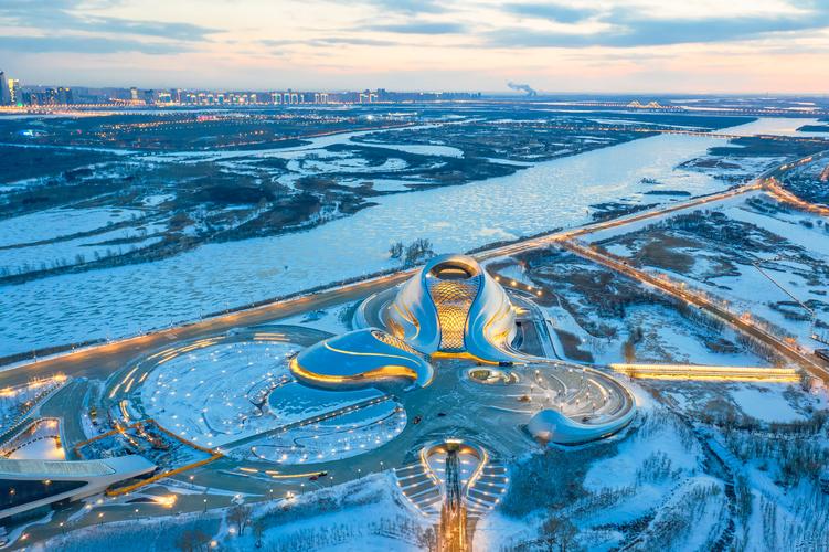 雪后哈尔滨大剧院夜景航拍