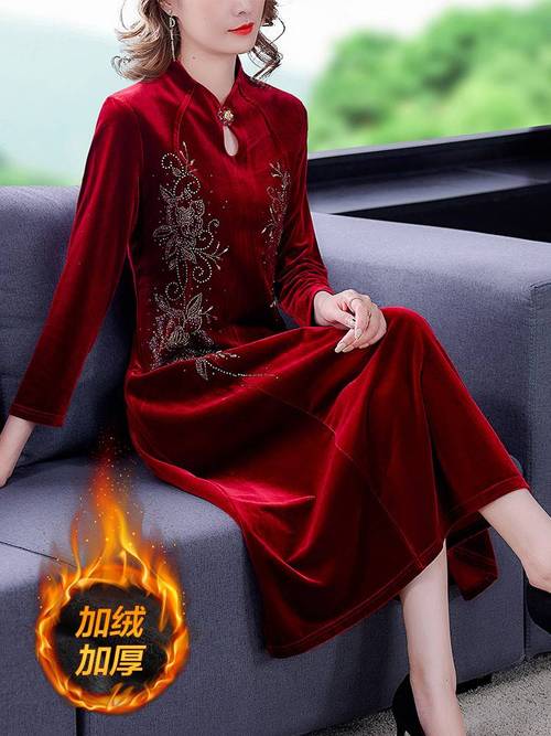 喜婆婆婚宴冬季金丝绒连衣裙丈母娘婚礼服结婚妈妈礼服旗袍女加厚