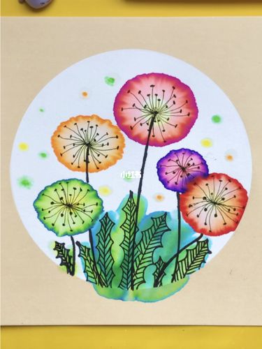 水彩笔宣纸晕染画蒲公英 色彩和线描的组合_水彩笔_蒲公英_线描_儿童