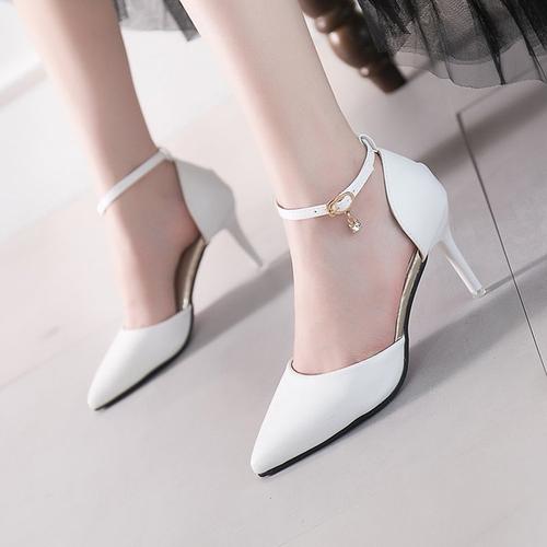 夏季小高跟鞋女低跟3cm百搭法式少女一字带白色礼服宴会工作单皮