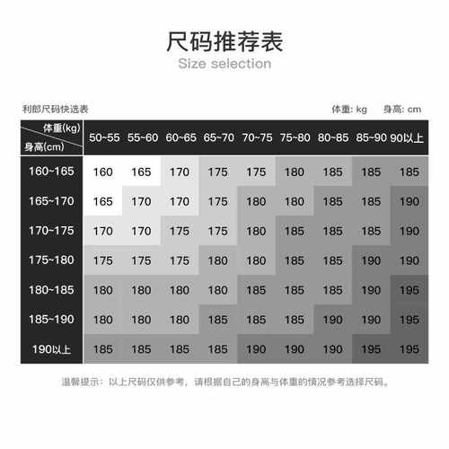 尺码推荐表,size selection,利郎尺码快选表,体重:kg,身高:cm,体重(kg
