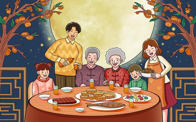 彩色卡通手绘八月十五中秋佳节一家人赏月吃团圆饭原创插画海报中秋节
