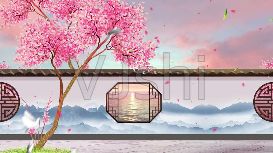 4k樱花墙古风背景视频