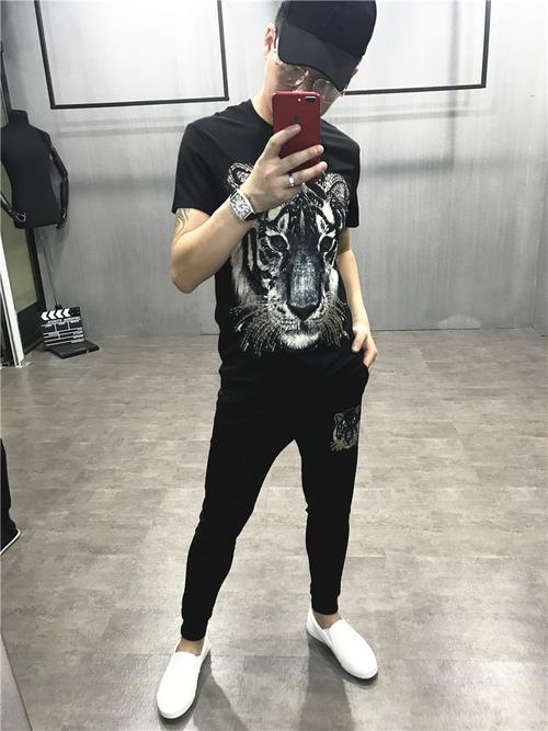 社会精神小伙夏季新款虎头套装男潮流韩版修身短袖两件套休闲大码_7折