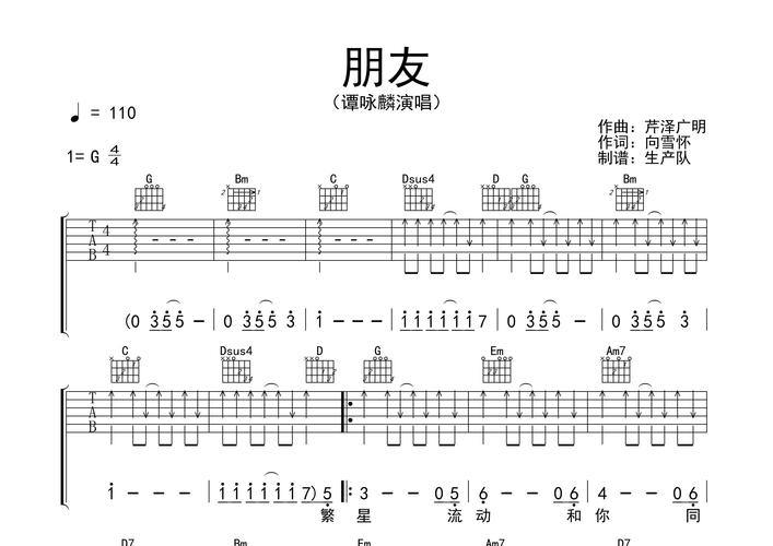 朋友吉他谱谭咏麟g调吉他弹唱六线谱生产队编配