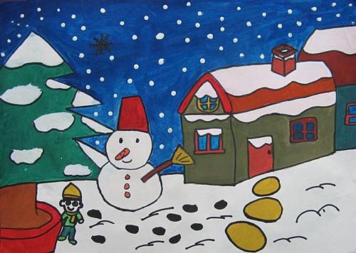 手抄报简笔画冬天风景简笔画之欢快的雪人冬天风景简笔画之欢快的雪人