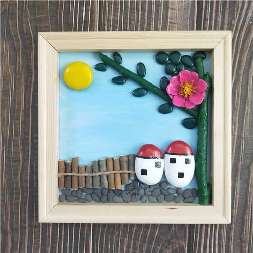 石头画实木画框拼图鹅卵石儿童美术手工创意石头彩绘diy材料包_不打折