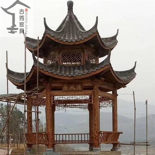 双层木质六角亭 重檐仿古四角凉亭 双层碳化木凉亭